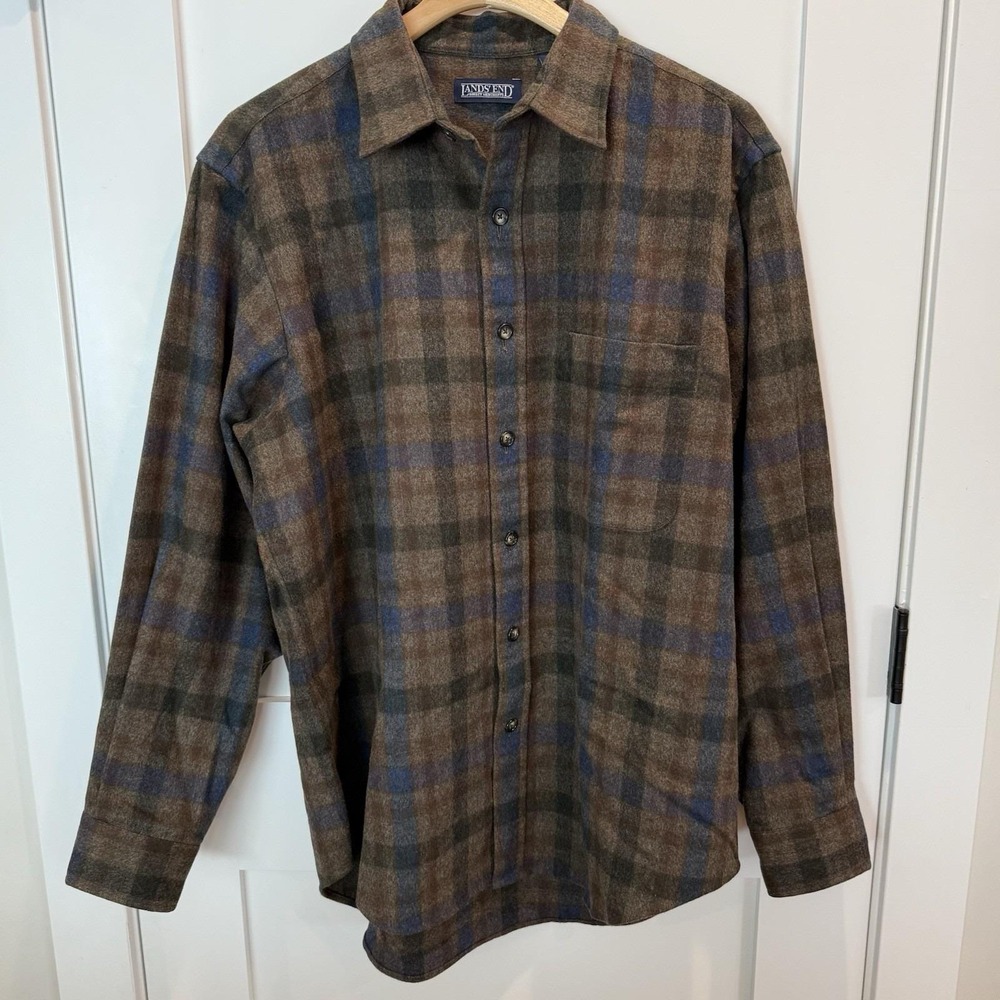 Vintage Lands End Shirt Mens Large Wool Plaid Flannel Shirt Brown/Blue 16-16.5
